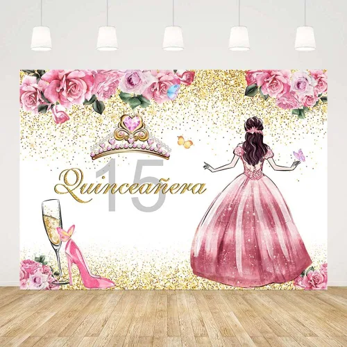 Miniatura 3 de SENDY Telón de fondo de quinceañera de 8 x 6 pies para niña, feliz cumpleaños 15, flores rosadas, tacones altos, corona, princesa, decoración