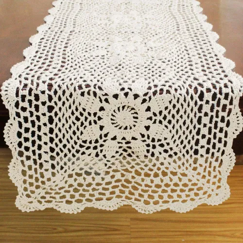 Miniatura 3 de KEPSWET Camino de mesa rectangular de encaje de ganchillo hecho a mano con girasol de algodón para decoración de mesa auxiliar