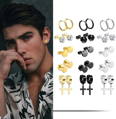 Miniatura 5 de 341518 pares de aretes para hombre, kit de aretes de acero inoxidable para hombres y mujeres, joyería de moda, aretes de aro colgantes de cruz