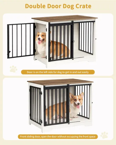 Miniatura 3 de Hzuaneri Mueble de jaula para perros de 31.9 pulgadas con puerta de granero, perrera resistente para interiores con 2 puertas, mesa auxiliar