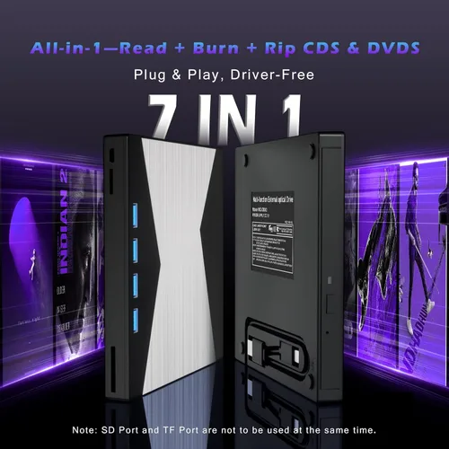Miniatura 4 de Wbacon Unidad externa de CD/DVD para portátil, reproductor de DVD para portátil, grabadora de CD ultrafina 8 en 1 con 4 puertos USB y 2 ranuras