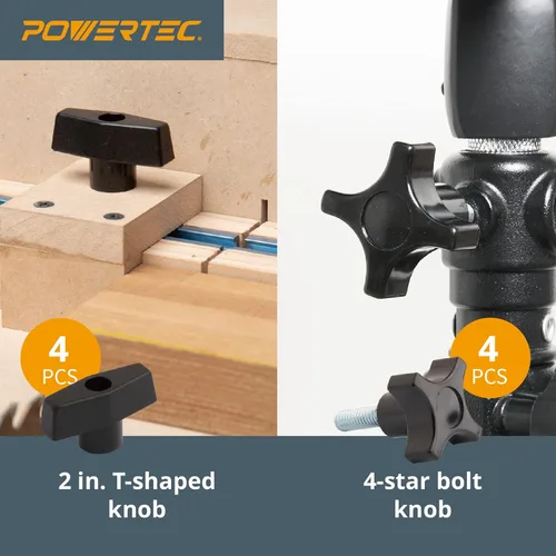Miniatura 6 de POWERTEC 71173 Kit de perilla de riel en T, pernos roscados y arandelas 1/4-20, juego de 46 piezas, pernos de riel en T, accesorios de riel en T