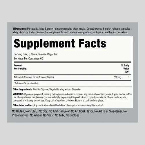Miniatura 2 de Piping Rock Píldoras de carbón activado 780 mg 180 cápsulas de cáscaras de coco Suplemento sin OMG, sin gluten