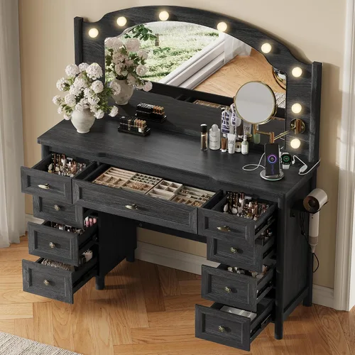 Miniatura 5 de STO'SENSE Escritorio de tocador con espejo y luces, mesa de tocador de maquillaje con 9 cajones, espejo de aumento y toma de corriente, tocador Negro