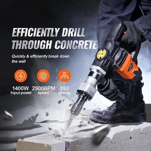 Miniatura 2 de Martillo eléctrico de demolición para hormigón, 1400 W, con 2 puntas de cincel, ideal para proyectos de construcción y renovación