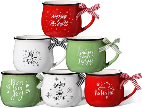 Miniatura 11 de Sawysine Juego de 6 tazas de café de Navidad, tazas de cerámica de 12 onzas, regalo de chocolate caliente para familiares, mamá, mujer, amiga, casa