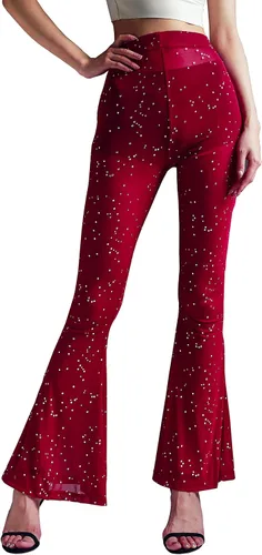 Anlaey Pantalones de baile de malla transparente para rave, con lentejuelas brillantes, acampanados, cintura alta, para festivales, clubes, trajes