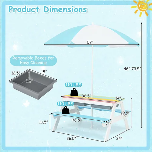 Miniatura 7 de Costzon Mesa de Picnic para Niños con Contenedores Sensoriales, Mesa de Arena y Agua 4 en 1 con Sombrilla de Altura Ajustable, Superficie de Mesa
