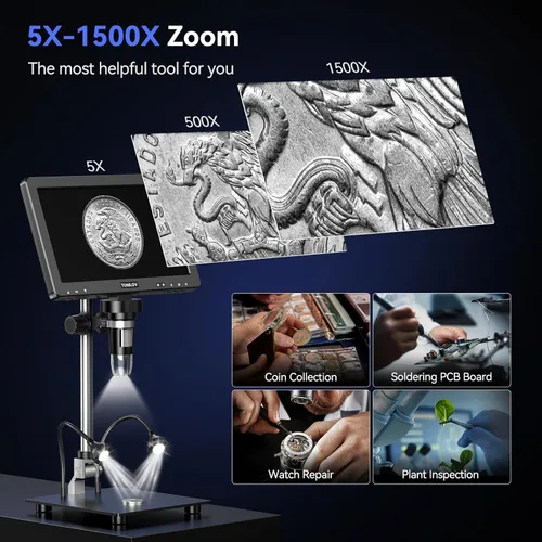 Miniatura 3 de TOMLOV Microscopio Digital DM9 Max: 20MP 10.1" 1500X HD IPS HDMI Microscopio Lupa de Monedas para Monedas con Errores con Pantalla, Microscopios