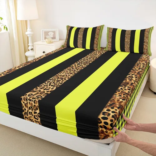 Miniatura 16 de Manfei Leopard Print Fitted Sheet Twin Size,Blue Brown Black Stripes Bedding Set 2pcs,Wild Animal Cheetah Skin Bed Sheets with 1 Pillowcase,Kids