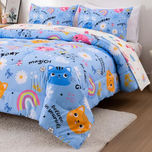 Miniatura 4 de Btargot Juego de edredón reversible de 5 piezas con diseño de gato de dibujos animados azules para niños, juego de ropa de cama con diseño de flores
