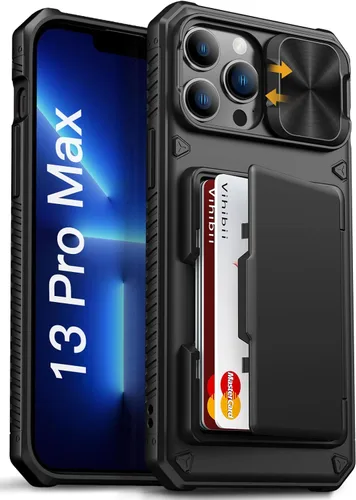 Vihibii Funda para iPhone 13 Pro Max/iPhone 12 Pro Max con tarjetero (4 tarjetas) [bloqueo RFID] y cubierta de cámara deslizante, protección contra