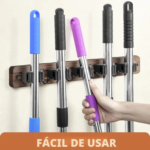 Miniatura 3 de IMILLET - Soporte de pared para escobas, colgador de escobas de madera rústica con 5 estantes y 4 ganchos, organización y almacenamiento