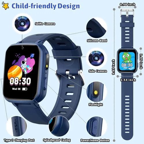 Miniatura 2 de zicor Reloj inteligente para niños con 26 juegos de rompecabezas, cámara dual, reproductor de música, podómetro, grabadora de video, linterna, reloj