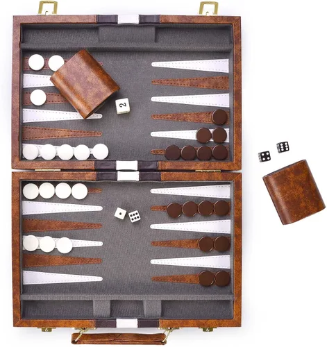 Miniatura 3 de AMEROUS Juego de Backgammon, Juego de Mesa Clásico de 11 Pulgadas con Estuche de Cuero, Tablero Plegable, Paquete de Regalo, Juego de Estrategia
