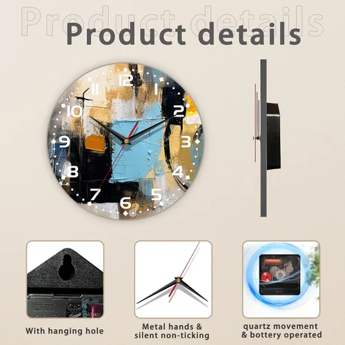 Miniatura 3 de Reloj de pared, arte abstracto colorido, pintura al óleo, reloj de pared silencioso sin tictac, funciona con pilas, 10 pulgadas, decoración