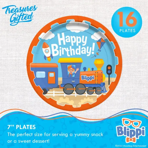 Miniatura 3 de Treasures Gifted Suministros para fiesta de cumpleaños con licencia oficial de Blippi, sirve para 16 invitados, juego clásico de vajilla