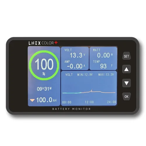 LNEX Monitor de batería de 500A con derivación, monitor RV de pantalla a color de 3.5" con cable de 16 pies, soporte para alarma programable de