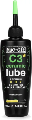 Muc-Off C3 lubricante de cadena de cerámica en seco, 120 mililitros - Lubricante de cadena de bicicleta premium con tinte trazador UV - Formulado