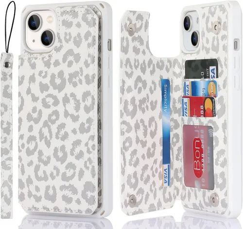 Cavor para iPhone 14 Plus Funda tipo cartera para mujeres, para iPhone 14 Plus Funda para teléfono con tarjetero, soporte y correa, cubierta E-Blanco