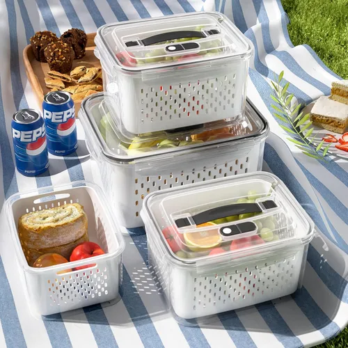 Miniatura 8 de Juego de 3 recipientes de almacenamiento de alimentos para refrigerador con tapas con colador, recipientes de almacenamiento de frutas y verduras
