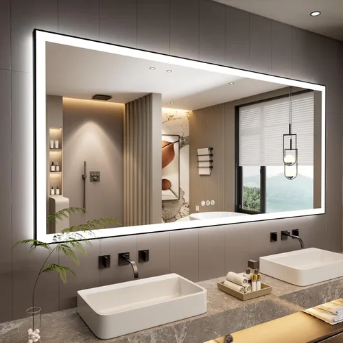 Miniatura 27 de Espejo de baño LED de 60x36 pulgadas con marco negro, espejos de baño retroiluminados y con luz frontal para pared, antiempañamiento, regulable
