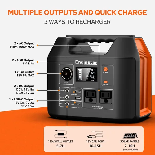 Miniatura 4 de EnginStar Estación de energía portátil de 300 W 296 Wh con salida de CA de onda sinusoidal pura de 110 V para acampar al aire libre, caza