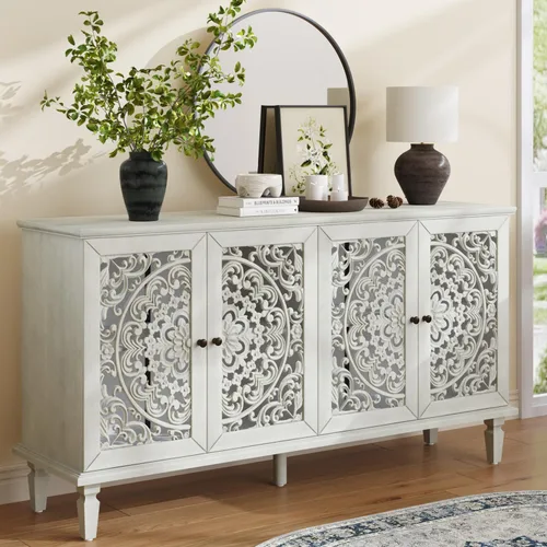 Miniatura 10 de Aparador de buffet Credenzas para sala de estar, mesa de entrada de 60 pulgadas con gabinete de almacenamiento, puertas huecas talladas, negro Azul