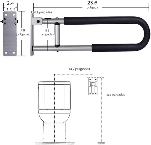 Miniatura 2 de Barras de agarre para discapacitados, pasamanos de inodoro de 23.6 pulgadas, barra de seguridad para baño, barandilla de soporte de mano, accesorios