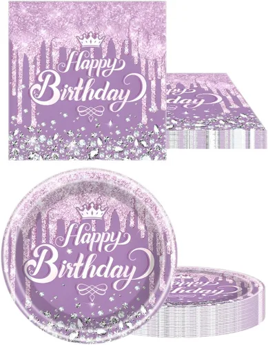 Miniatura 5 de Juego de vajilla para fiesta color morado, tema de Feliz Cumpleaños morado, 20 platos y 20 servilletas y manteles de 71'' x 42'' para niñas