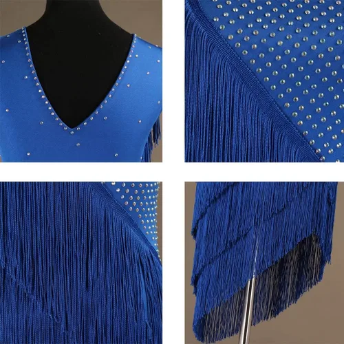 Miniatura 7 de Vestidos de baile latino con cuello en V para mujer, vestido de competición de salsa con flecos, sin mangas, disfraz de cha cha, para sala de baile