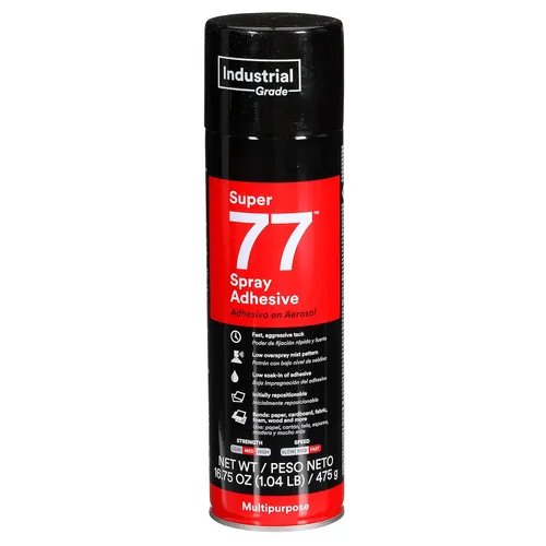 Miniatura 12 de 3M Super 77 Adhesivo en aerosol multiuso permanente, papel, cartón, tela, plástico, metal, madera, Peso neto 13.44 oz