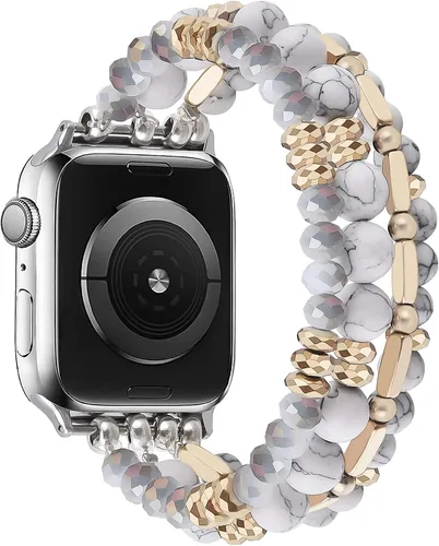 Miniatura 5 de VISOOM Pulsera de cuentas compatible con Apple Watch Band de 40mm/38mm/41mm/42mm Series 10 9 8 7 SE Series 6/5/4; correa de reloj elástica con Blanco