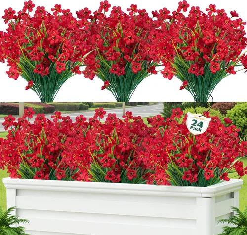 Miniatura 15 de Lnoicy - 24 piezas de flores artificiales para exteriores, decoración de flores de plástico, arbustos de flores falsas resistentes a los rayos UV