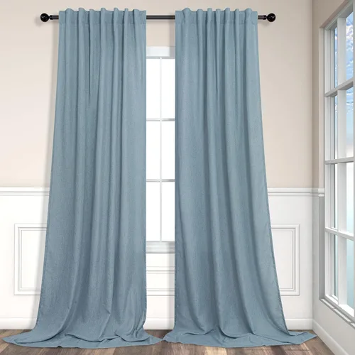 Cortinas de lino azul de 84 pulgadas de largo para sala de estar; juego de 2 paneles con lengüeta trasera; cortinas con dobladillo para barra; Azul