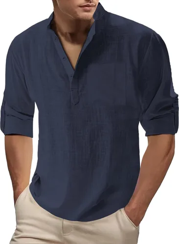 Miniatura 5 de Camisa de lino para hombre, manga larga, Henley, casual, verano, grande, alta, algodón, ligera, para negocios, trabajo, vacaciones, crucero