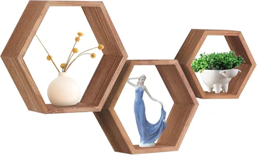 PHOENANCEE Estantes flotantes hexagonales, estante de panal de abeja, estantes de almacenamiento octágonos de madera rústica montados en la pared,