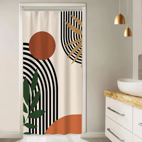 Cortina de Ducha para Cabina, Ruelvth Cortina de Ducha de Mediados de Siglo Boho Abstracta Minimalista con Amanecer Juego Naranja Impermeable de