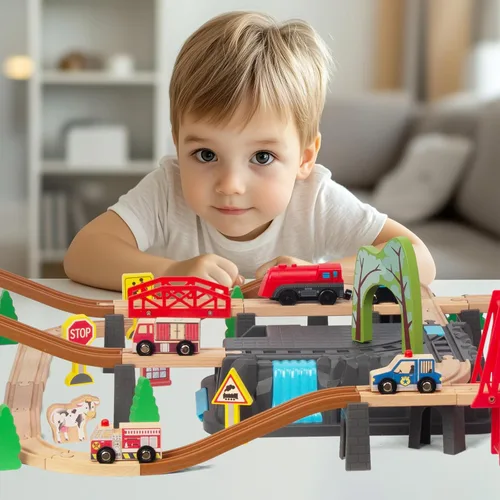 Miniatura 7 de 100 piezas de juego de tren de madera para niños de 3 años, juego de tren de doble cara con pistas, puente, estación de tren y caja de 100