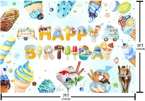 Miniatura 5 de AIBIIN Telón de fondo de cumpleaños de helado de 7 x 5 pies para niños y niños, helado de verano, decoraciones de fiesta de feliz cumpleaños, pastel