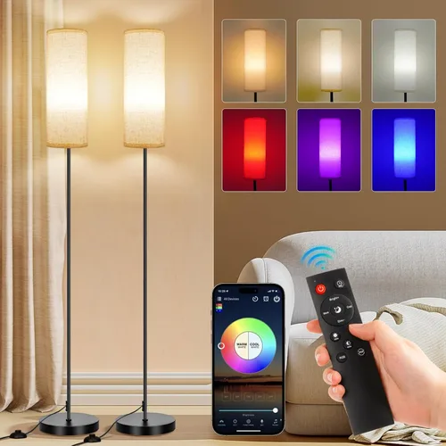 FRIDEKO HOME Paquete de 2 lámparas de pie para sala de estar, colores regulables, temperatura y brillo, lámpara de pie moderna con control remoto,