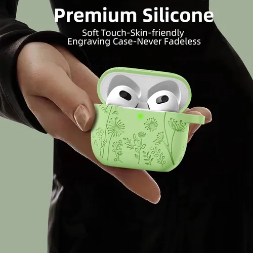 Miniatura 5 de Lerobo Funda con grabado de flores para estuche de AirPods de 3ª generación, funda de estuche con llavero, cubierta de silicona compatible con Apple