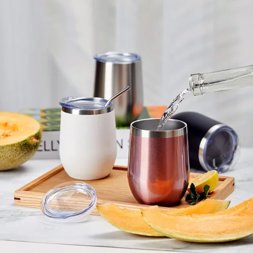 Miniatura 5 de COMOOO Vaso de vino de acero inoxidable con tapa y pajita, 12 onzas, doble pared aislada al vacío, vaso de viaje para café, vino, cócteles, champán