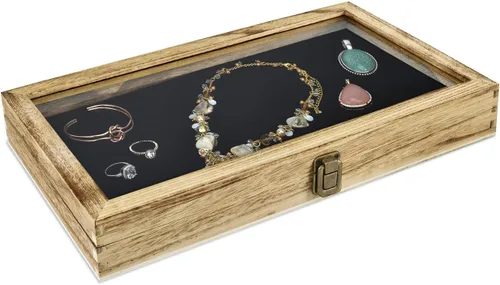 Alhajerocaja para almacenar cuentas con tapa de vidrio templado y terciopelo negro. Caja de muestra de medallas, premios, alhajas y cuchillos.