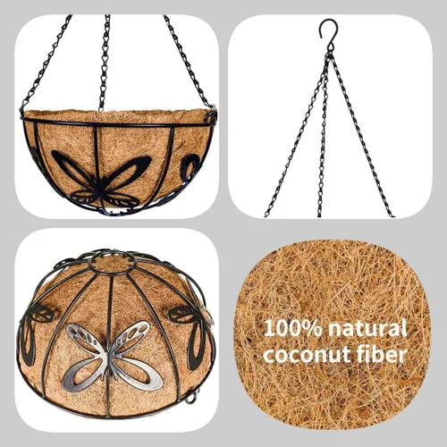 Miniatura 7 de Maceta colgante con forro de cesta de fibra de coco – soporte redondo de alambre para plantas al aire libre, patio, balcón, jardín, decoración