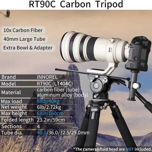 Miniatura 2 de Trípode de fibra de carbono INNOREL RT90C Trípodes de cuenco profesionales de carga pesada para cámaras DSLR Compatible con cabeza de bola y cabeza