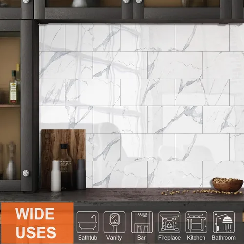 Miniatura 3 de TUOKING Azulejos de metro de mármol de 4 piezas para despegar y pegar, de 4 x 8 pulgadas, compuesto de piedra blanca, impermeable, azulejos de pared