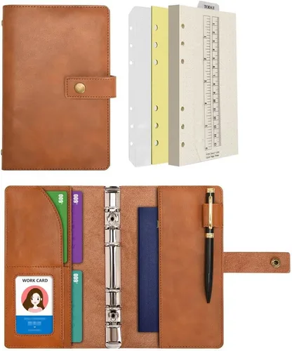 Miniatura 13 de WONDERPOOL Cuaderno de cuero recargable, cuaderno en espiral, carpeta de carpetas de diario A5 con puntos y bolsillos interiores para viajes, Marrón