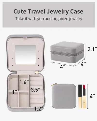 Miniatura 4 de Vlando Pequeño organizador de joyas de viaje, vitrina para niñas, mujeres, regalo anillos, aretes, collares, almacenamiento con espejo gris