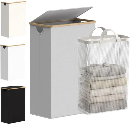 Miniatura 27 de efluky Cesta de lavandería con tapa y bolsa extraíble, cesta de lavandería de 100 litros de alto con asas de bambú, papelera estética para ropa Gris